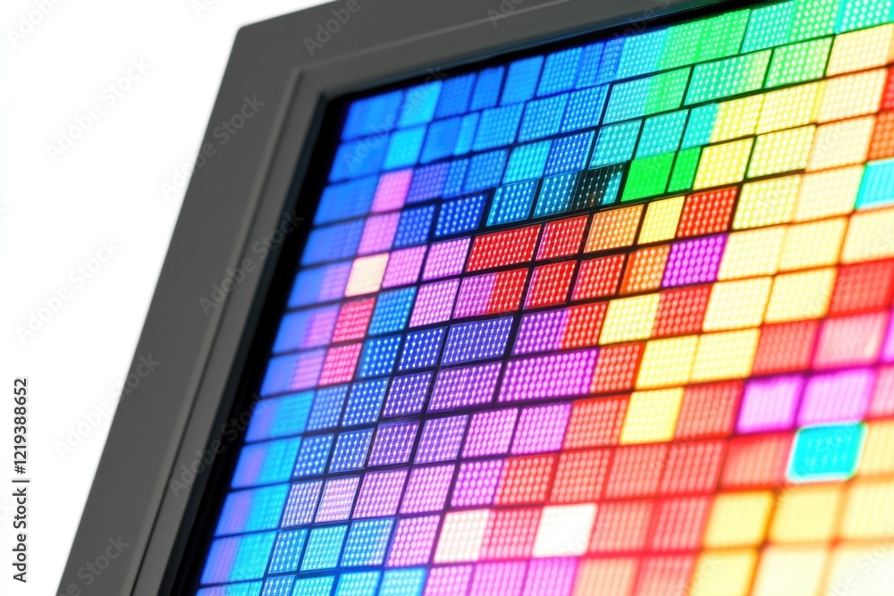 Poster a close-up shot of a computer screen showing colorful pixels