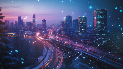 Obraz premium Smart digital Innovation city with connection network reciprocity over the twilight cityscape. of future smart wireless digital city and social media networking systems that connects people with city