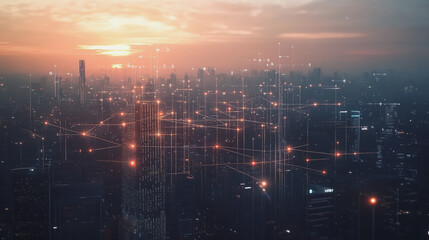 Fototapeta premium Smart digital Innovation city with connection network reciprocity over the twilight cityscape. of future smart wireless digital city and social media networking systems that connects people with city