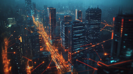 Obraz premium Smart digital Innovation city with connection network reciprocity over the twilight cityscape. of future smart wireless digital city and social media networking systems that connects people with city