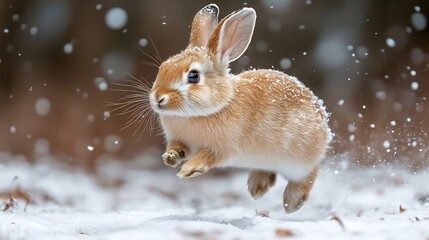 A rabbit hopping across a snowy backyard during winter