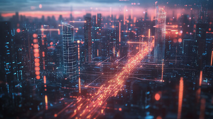 Fototapeta premium Smart digital Innovation city with connection network reciprocity over the twilight cityscape. of future smart wireless digital city and social media networking systems that connects people with city