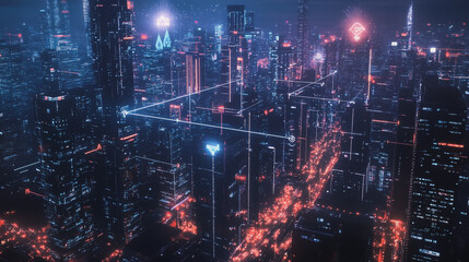Obraz premium Smart digital Innovation city with connection network reciprocity over the twilight cityscape. of future smart wireless digital city and social media networking systems that connects people with city