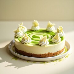A creamy matcha and white chocolate cheesecake on a graham cracker crust, garnished with chocolate shavings and matcha powder, set against a soft, glowing background.