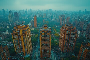 Fototapeta premium Panoramic view of cityscape from rooftop, ideal for urban planning or architecture projects