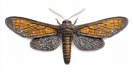 Obraz premium Detailed close-up of a moth with orange and gray wings, isolated on white background.