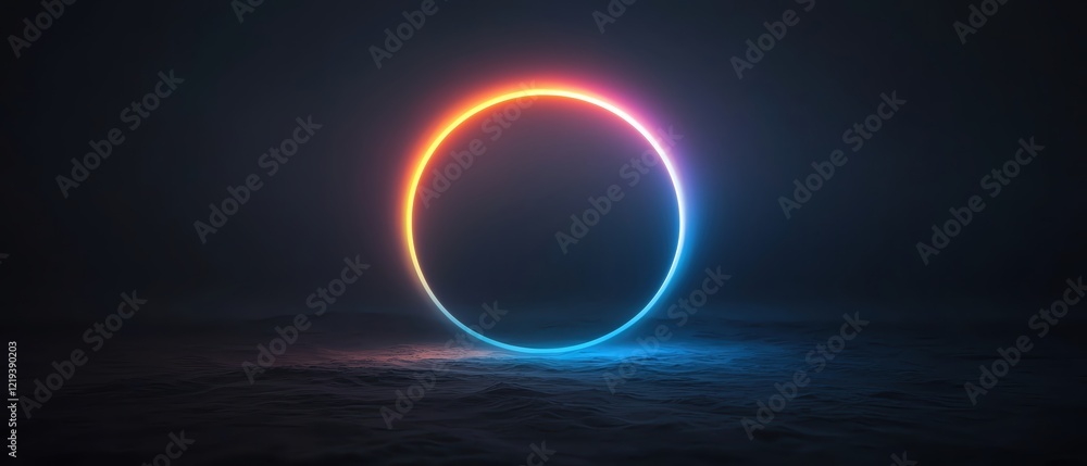 Poster a luminous neon circle glowing in the dark, creating a captivating abstract atmosphere.