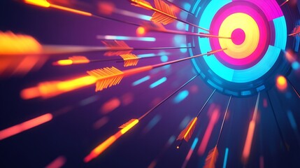 Direct marketing strategies shown through glowing arrows converging a vibrant target emphasizing precision in reaching the ideal customer segments