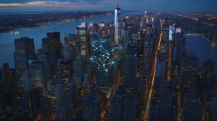 Fototapeta premium Smart digital Innovation city with connection network reciprocity over the twilight cityscape. of future smart wireless digital city and social media networking systems that connects people with city