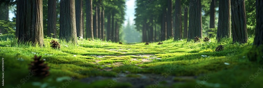 Poster a serene forest path lined with tall trees and lush green grass, inviting exploration and tranquilit