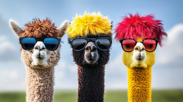 Trendige Alpakas mit Sonnenbrillen und farbigen Frisuren, Trendy alpacas with sunglasses and colorful hairstyles