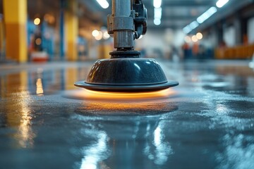 A close-up shot of a street light shining down on a wet and reflective floor