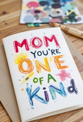 A vibrant "Happy Mother?s Day card" with colorful lettering, celebrating uniqueness, set on a wooden table with art supplies.