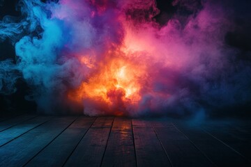 Vivid colorful smoke billowing on dark wooden floor with fiery glow
