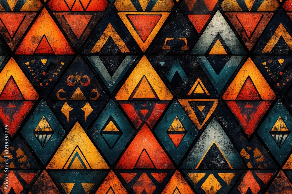 Poster a vibrant and intricate design featuring numerous triangles in various colors, great for use as a ba