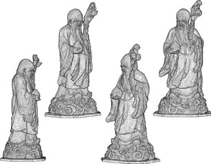 Vector sketch illustration of decorative design of holy hermit god statue standing giving blessing on cloud