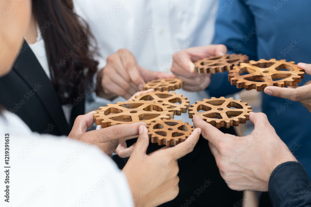 Poster business team joining cogwheel in circular together symbolize successful group of business partnersh