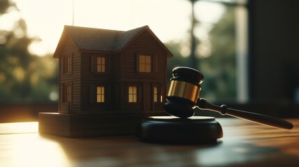 Model of a wooden house and a judge gavel are laying on a wooden table, representing real estate auction, investment, and home buying process