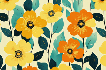 Retro floral pattern features bold yellow, teal, and rust orange flowers with graphic lines for a playful nostalgic feel