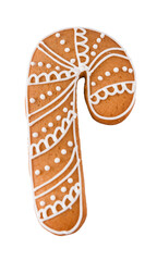 Decorative Gingerbread Candy Cane decorated with white sugar glaze isolated on white background. Christmas cookies.