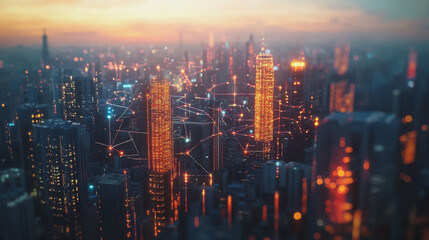 Fototapeta premium Smart digital Innovation city with connection network reciprocity over the twilight cityscape. of future smart wireless digital city and social media networking systems that connects people with city