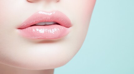 Obraz premium Glossy female lips smiling, showcasing perfect white teeth and potential lip augmentation, set against a light blue backdrop, highlighting beauty and cosmetology