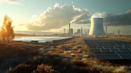 A futuristic clean energy farm with solar panels arrayed across the land