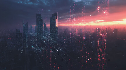 Obraz premium Smart digital Innovation city with connection network reciprocity over the twilight cityscape. of future smart wireless digital city and social media networking systems that connects people with city