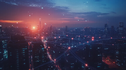 Smart digital Innovation city with connection network reciprocity over the twilight cityscape. of future smart wireless digital city and social media networking systems that connects people with city