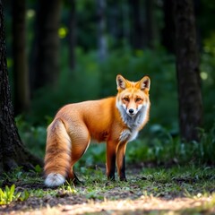 Fototapeta premium Alert Red Fox Standing in a Sunlit Forest Clearing