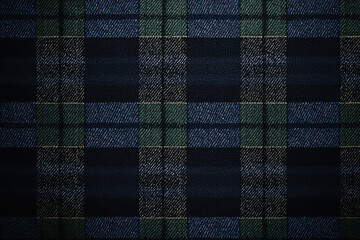 Rich Blackwatch tartan pattern in deep navy blue and forest green tones with subtle black accents showcasing traditional elegance