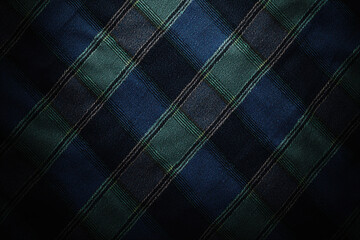 Rich Blackwatch tartan pattern in deep navy blue and forest green tones with subtle black accents arranged in a symmetrical design