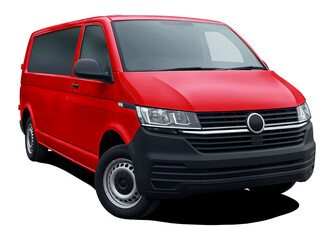 Modern European passenger minibus, front side view isolated on white background in png format, red color.