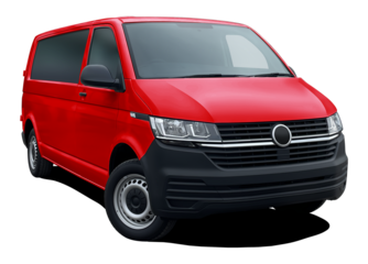 Modern European passenger minibus, front side view isolated on white background in png format, red color.