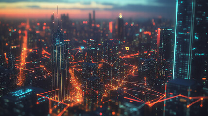 Fototapeta premium Smart digital Innovation city with connection network reciprocity over the twilight cityscape. of future smart wireless digital city and social media networking systems that connects people with city