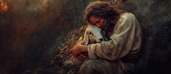 jesus hugging the lost lamb out of the mud, background blurred black roaring wolf