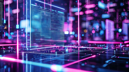 Fototapeta premium Holographic communication system displaying a 3D call, glowing neon beams of light, sleek industrial setting