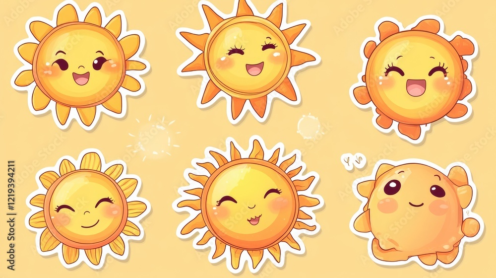 Poster a set of colorful cartoon suns with different facial expressions, ideal for use in digital projects 