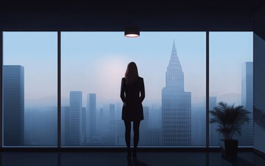 Fototapeta premium A flat design vector illustration of a businesswoman in a black suit jacket, standing in front of a large window with arms behind her back