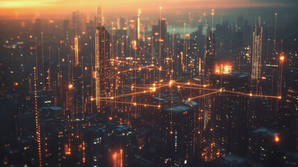 Fototapeta premium Smart digital Innovation city with connection network reciprocity over the twilight cityscape. of future smart wireless digital city and social media networking systems that connects people with city