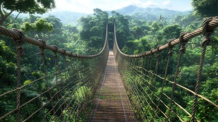 Fototapeta premium A wooden plank bridge hangs over a deep jungle ravine, supported by thick ropes and cables.