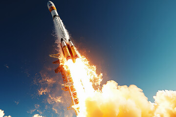 Rocket ascends into the sky with fiery stage separation showcasing innovation in aerospace engineering