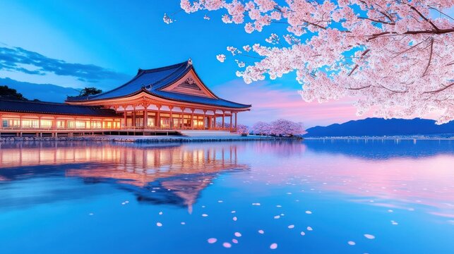 Blooming Sakura and Ancient Pavilion at Fushimi Inari Shrine, Kyoto Japan