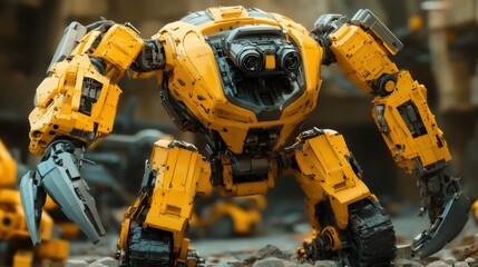 A yellow robotic exosuit with two claws stands on a rocky surface.