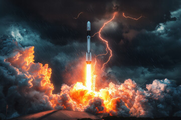 Fototapeta premium Rocket launches spectacularly through a thunderstorm with lightning illuminating the dark sky