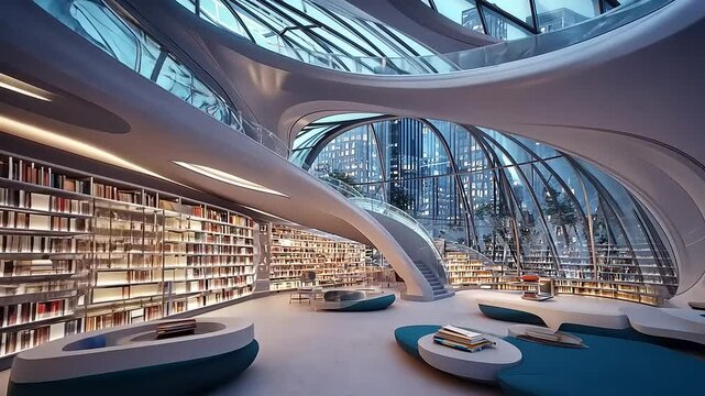 Modern library interior with futuristic design, large windows, bookshelves, and urban skyline view