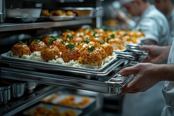 A person holding a tray of food in a kitchen, suitable for use in recipes, cooking tutorials or lifestyle articles