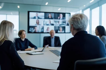 Fototapete Businesspeople in conference room participate in hybrid meeting. Colleagues sit around round table. Discussing ideas with remote team members seen on large screen. Photo collaborative tech-driven © Vadym