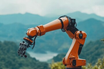 Industrial Robot Arm Automation in a Modern Factory . A futuristic factory showcasing advanced automation technologies and robotics in the manufacturing process.