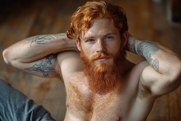 A man with a distinctive red beard sits on a wooden floor, ready for something